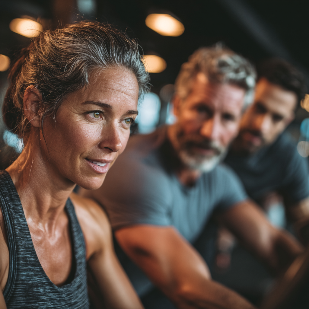 Middle-aged man and woman working out together in modern gym with personal trainer guidance